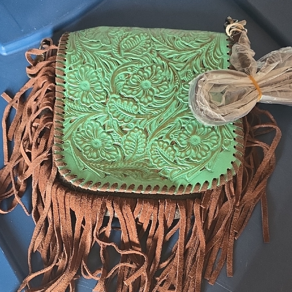 Green and Brown Floral Embossed Fringe Bag